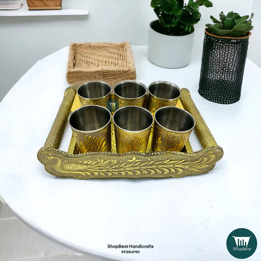 Golden Oxidised Peacock Wooden Serving Tray with 6 Steel Water Glasses – Gift Set
