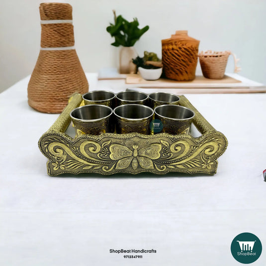 Golden Oxidised Butterfly Wooden Serving Tray with 6 Steel Water Glasses – Gift Set