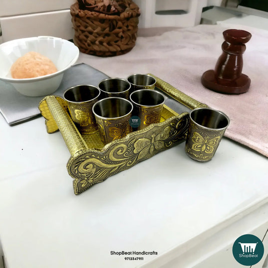 Golden Oxidised Butterfly Wooden Serving Tray with 6 Steel Water Glasses – Gift Set
