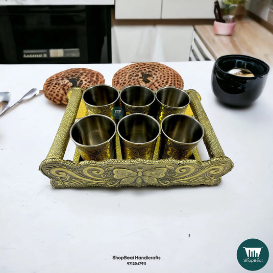 Golden Oxidised Butterfly Wooden Serving Tray with 6 Steel Water Glasses – Gift Set