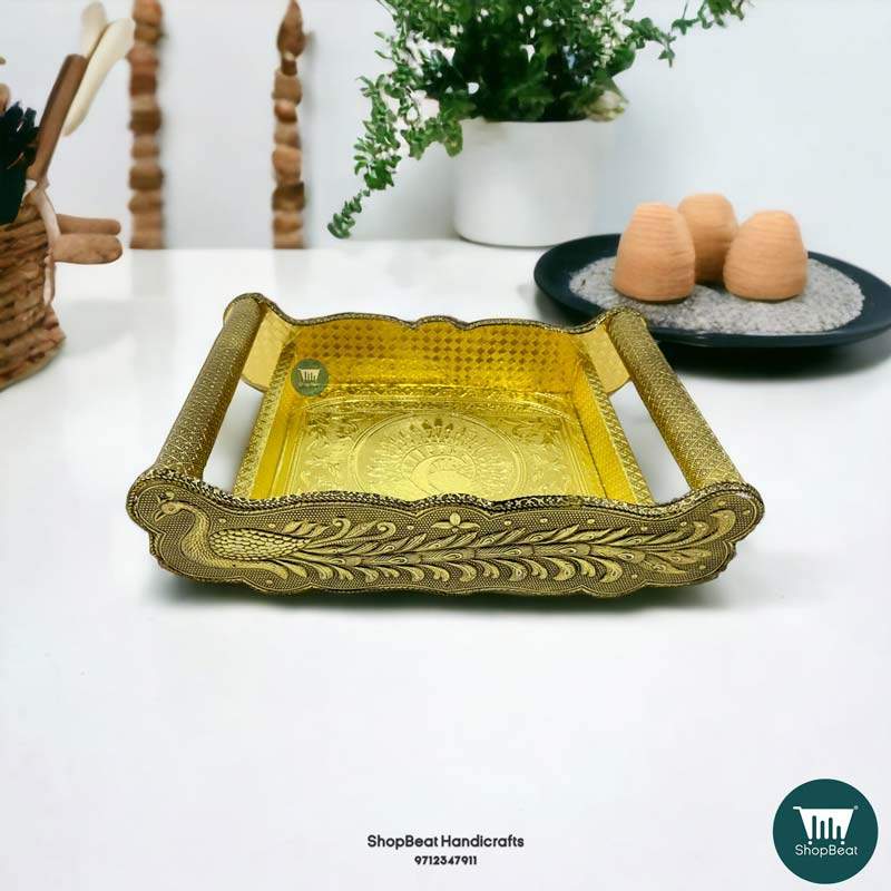 ShopBeat Golden Oxidised Peacock Wooden Serving Tray ShopBeat Handicrafts