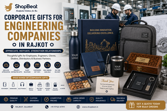Corporate gifts for engineering companies in Rajkot featuring customized gift boxes, backpacks, bottles, diaries, pens, electronics, dry fruit boxes and corporate hampers for employees, engineers, clients, dealers and business partners.