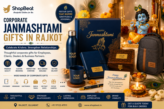 Corporate Janmashtami gifts in Rajkot featuring Krishna-themed gift boxes, dry fruit hampers, bottles, stationery, bags and customized corporate gifts for employees, clients, dealers and business partners.
