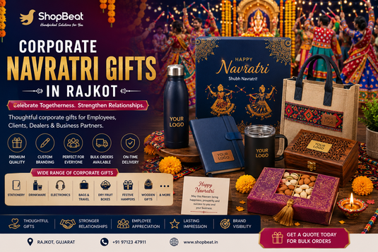 Corporate Navratri gifts in Rajkot featuring festive gift hampers, dry fruit boxes, wooden gifts, bottles, stationery, bags and customized corporate gifts for employees, clients, dealers and business partners.