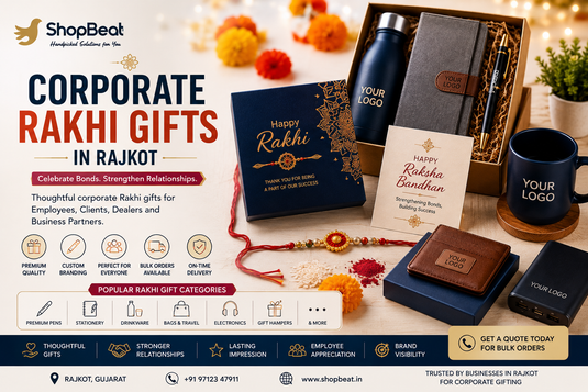 Corporate Rakhi gifts in Rajkot featuring festive gift hampers, personalized corporate gifts, stationery, drinkware, bags, electronics and Raksha Bandhan gifting for employees, clients and business partners.