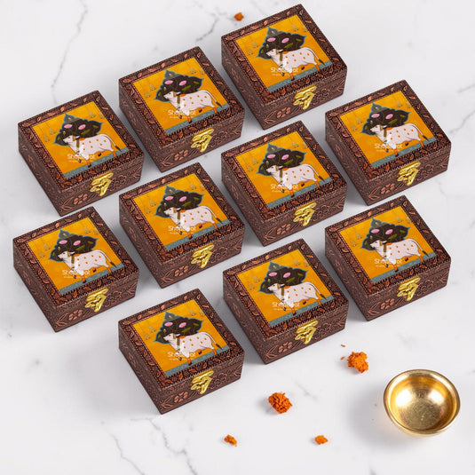 Handcrafted Wooden Jewellery Box Copper Metal Finish (4 x 4 inch) Pack of 10 | Oxidized Pichwai Cow Design | Decorative Organizer | Storage Box for Women Puja Festive Gifting | Marigold Gold