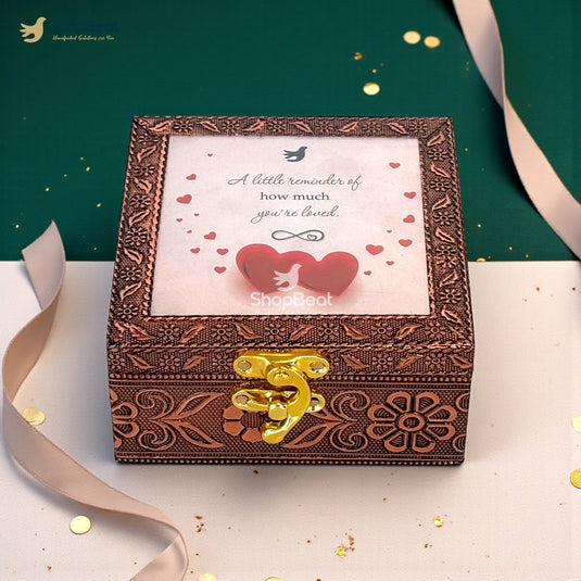 Handcrafted Wooden Jewellery Box with Copper Metal Finish, Oxidised Decorative Jewellery Organizer for Women, Elegant Gift Box for Valentine, Anniversary & Wedding (10 x 10 x 5 cm)