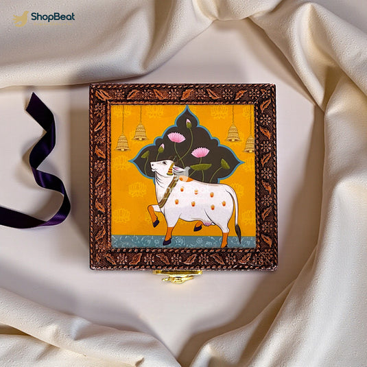 Handcrafted Wooden Jewellery Box Copper Metal Finish (4 x 4 inch) Pack of 2 | Oxidized Pichwai Cow Design | Decorative Organizer | Storage Box for Women Puja Festive Gifting | Marigold Gold