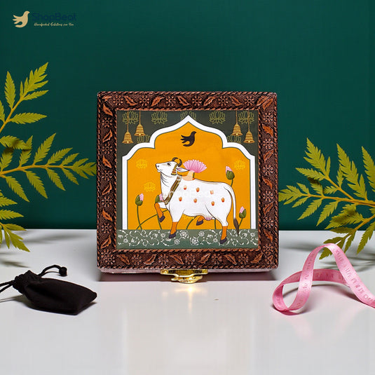 Handcrafted Wooden Jewellery Box Copper Metal Finish (4 x 4 inch) - Pack of 3 | Oxidized Pichwai Cow Design | Decorative Organizer | Storage Box for Women Puja Festive Gifting | Royal Teal