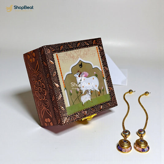 Handcrafted Wooden Jewellery Box Copper Metal Finish (4 x 4 inch) - Pack of 2 | Oxidized Pichwai Cow & Calf Design | Decorative Organizer | Storage Box for Women Puja Gifting | Ivory Sand