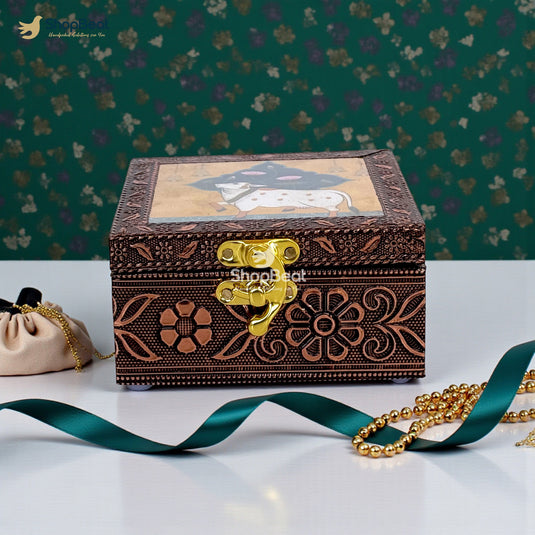 Handcrafted Wooden Jewellery Box Copper Metal Finish (4 x 4 inch) Pack of 2 | Oxidized Pichwai Cow Design | Decorative Organizer | Storage Box for Women Puja Festive Gifting | Marigold Gold