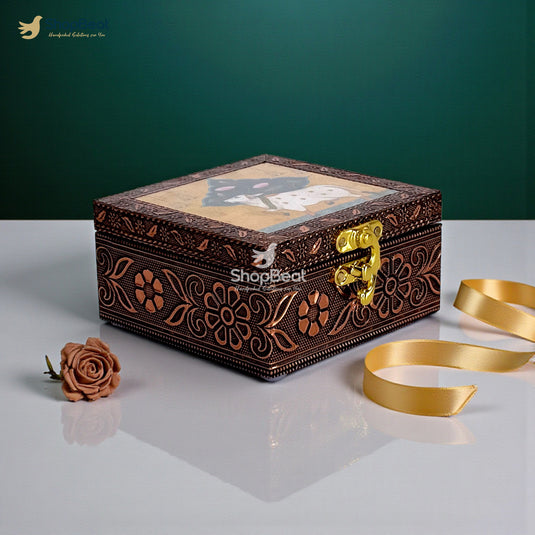 Handcrafted Wooden Jewellery Box Copper Metal Finish (4 x 4 inch) Pack of 2 | Oxidized Pichwai Cow Design | Decorative Organizer | Storage Box for Women Puja Festive Gifting | Marigold Gold