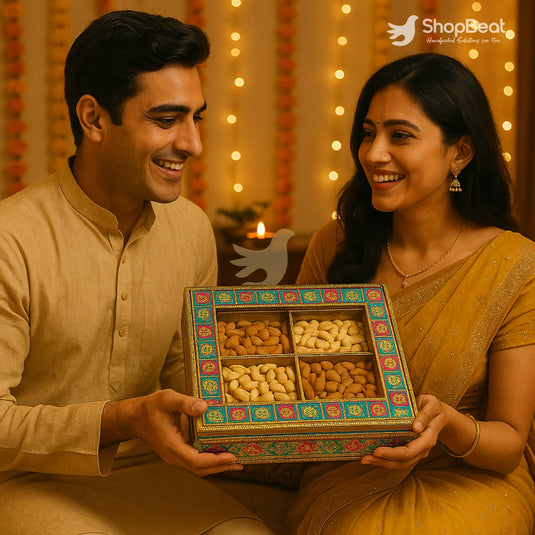 A man and a woman holding a decorative dry fruit gift box with festive lights in the background