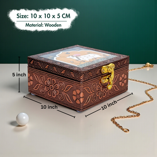 Handcrafted Wooden Jewellery Box Copper Metal Finish (4 x 4 inch) - Pack of 2 | Oxidized Pichwai Cow Design | Decorative Organizer | Storage Box for Women Puja Festive Gifting | Royal Teal