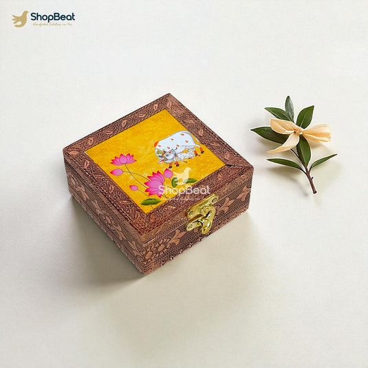 Copper Oxidised Yellow Pichwai Design Multipurpose Box 4x4 – Pooja & Jewellery Storage