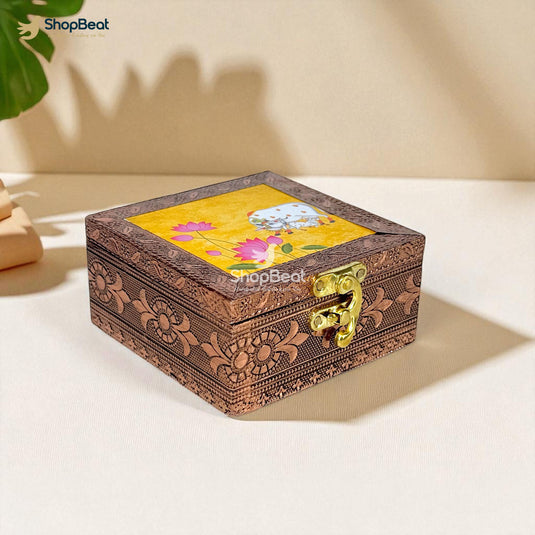 Copper Oxidised Yellow Pichwai Design Multipurpose Box 4x4 – Pooja & Jewellery Storage