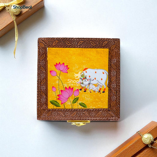 Copper Oxidised Yellow Pichwai Design Multipurpose Box 4x4 – Pooja & Jewellery Storage