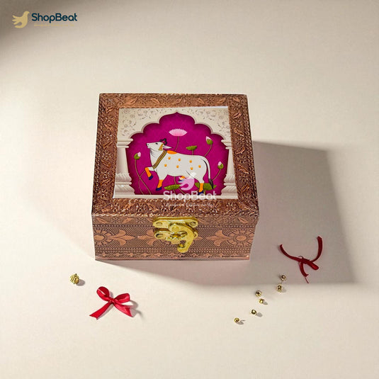 Copper Oxidised White Pichwai Design Multipurpose Box 4x4 – Pooja & Jewellery Storage