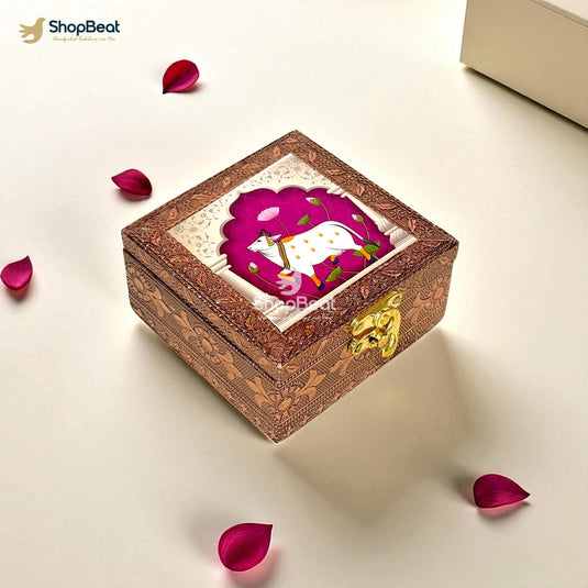 Copper Oxidised White Pichwai Design Multipurpose Box 4x4 – Pooja & Jewellery Storage