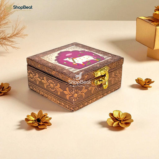 Copper Oxidised White Pichwai Design Multipurpose Box 4x4 – Pooja & Jewellery Storage