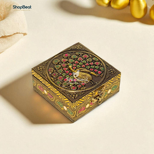 Golden Oxidised Peacock Design Multipurpose Box 4x4 – Pooja & Jewellery Storage