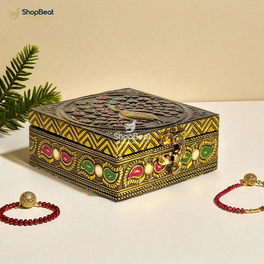 Golden Oxidised Peacock Design Multipurpose Box 4x4 – Pooja & Jewellery Storage