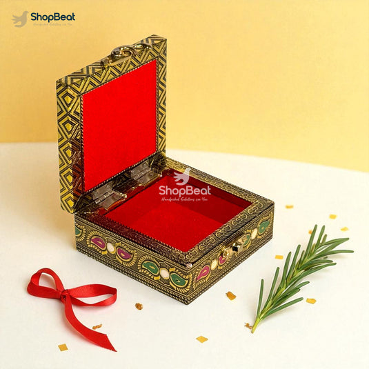 Golden Oxidised Peacock Design Multipurpose Box 4x4 – Pooja & Jewellery Storage