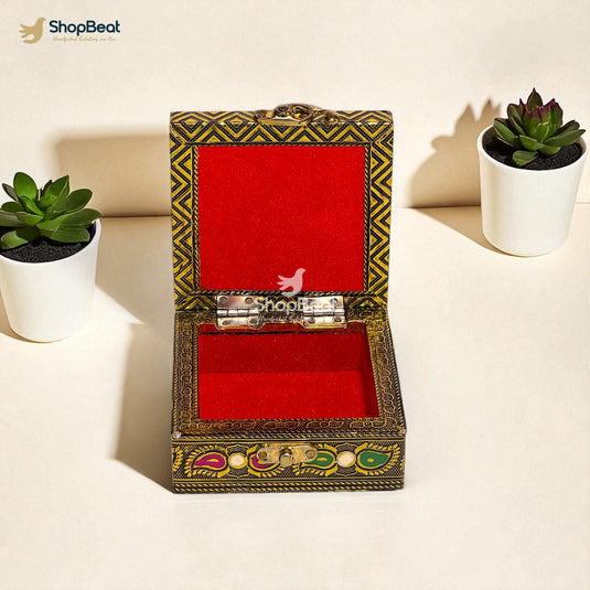 Golden Oxidised Peacock Design Multipurpose Box 4x4 – Pooja & Jewellery Storage