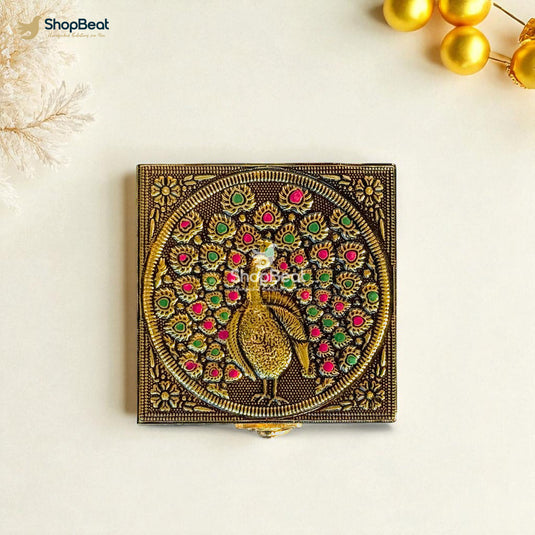 Golden Oxidised Peacock Design Multipurpose Box 4x4 – Pooja & Jewellery Storage