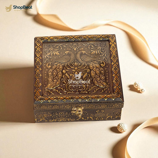 Golden Oxidised Peacock Design 4 Jar Dry Fruit Box with Tray – Decorative Gift Packaging