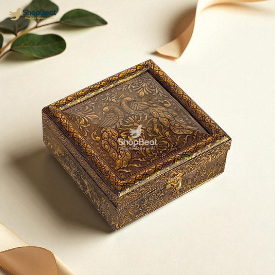 Golden Oxidised Peacock Design 4 Jar Dry Fruit Box with Tray – Decorative Gift Packaging