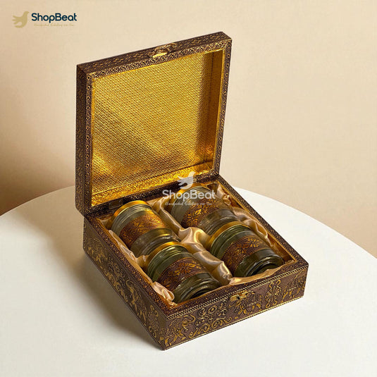 Golden Oxidised Peacock Design 4 Jar Dry Fruit Box with Tray – Decorative Gift Packaging