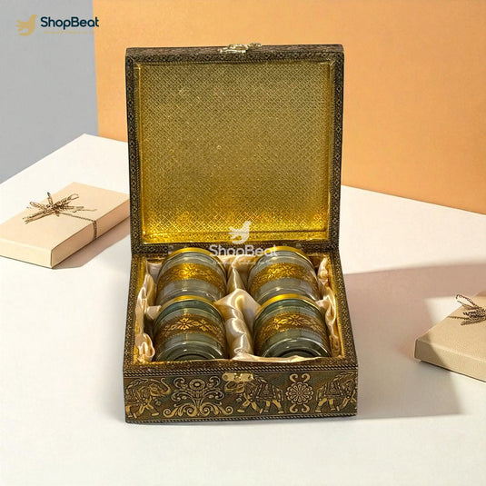 Golden Oxidised Peacock Design 4 Jar Dry Fruit Box with Tray – Decorative Gift Packaging