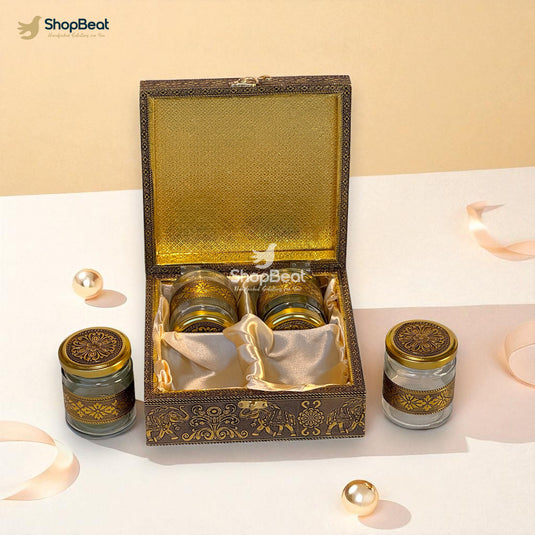 Golden Oxidised Peacock Design 4 Jar Dry Fruit Box with Tray – Decorative Gift Packaging