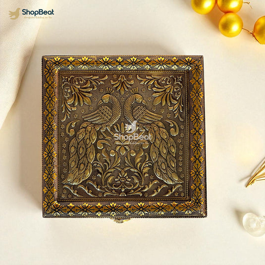 Golden Oxidised Peacock Design 4 Jar Dry Fruit Box with Tray – Decorative Gift Packaging