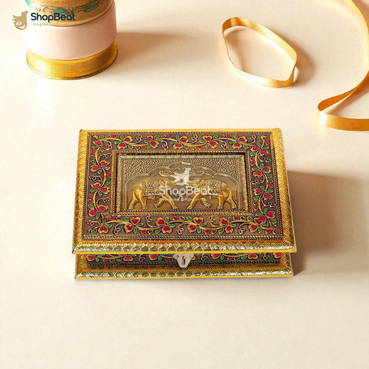 Golden Oxidised Elephant Design Dry Fruit Box 9x7 – Decorative Gift Box