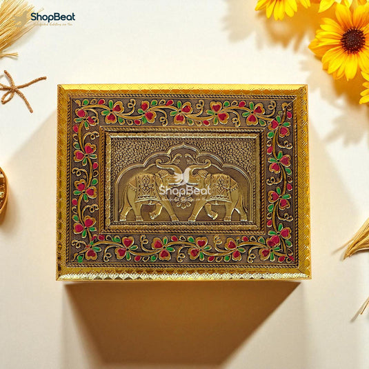 Golden Oxidised Elephant Design Dry Fruit Box 9x7 – Decorative Gift Box
