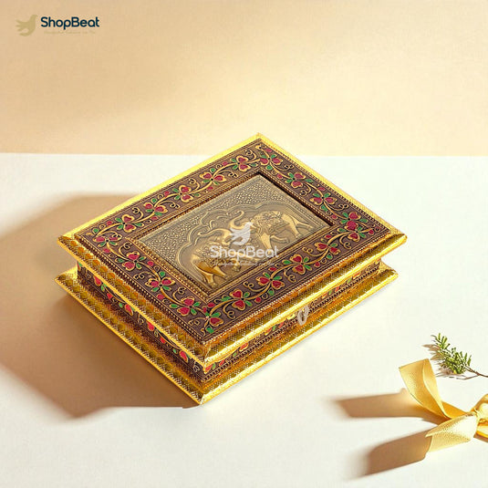 Golden Oxidised Elephant Design Dry Fruit Box 9x7 – Decorative Gift Box