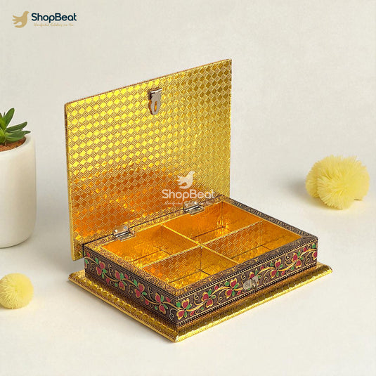 Golden Oxidised Elephant Design Dry Fruit Box 9x7 – Decorative Gift Box