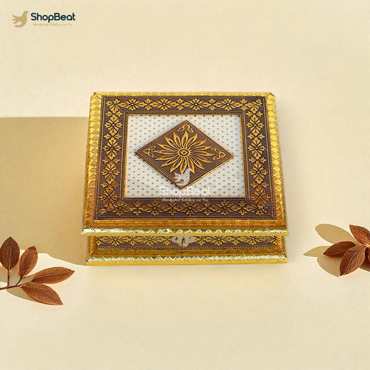 Golden Oxidised White Rexine Dry Fruit Box 8x8 – Elegant Gift Packaging