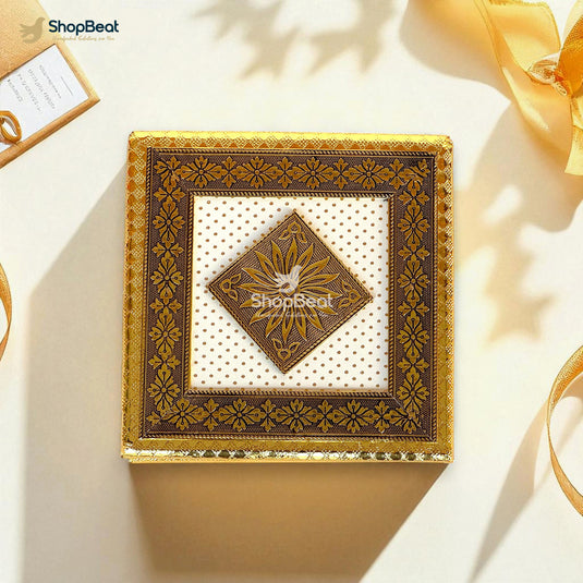 Golden Oxidised White Rexine Dry Fruit Box 8x8 – Elegant Gift Packaging