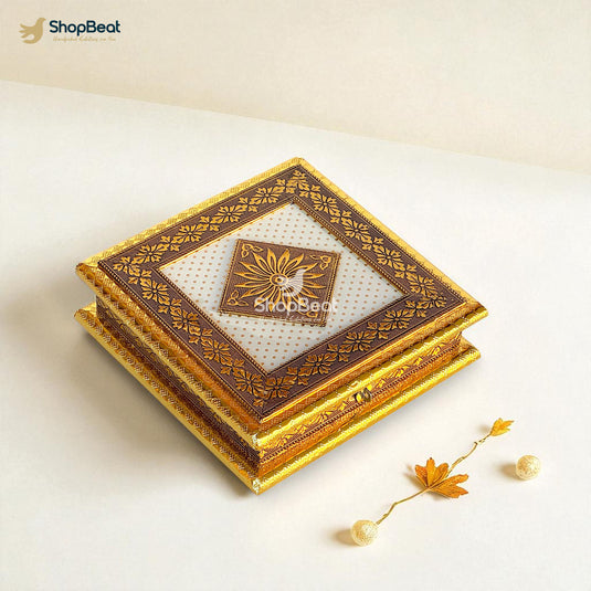 Golden Oxidised White Rexine Dry Fruit Box 8x8 – Elegant Gift Packaging