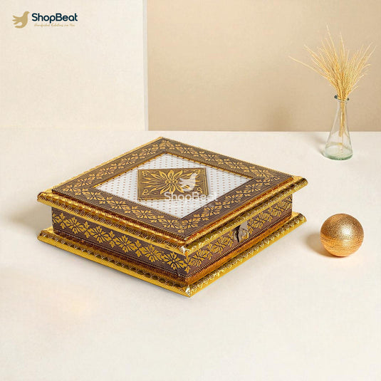 Golden Oxidised White Rexine Dry Fruit Box 8x8 – Elegant Gift Packaging