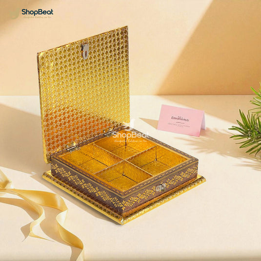 Golden Oxidised White Rexine Dry Fruit Box 8x8 – Elegant Gift Packaging