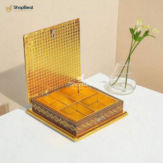 Golden Oxidised White Rexine Dry Fruit Box 8x8 – Elegant Gift Packaging