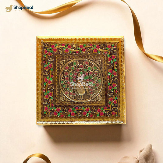Golden Oxidised Peacock Design Dry Fruit Box 8x8 – Premium Gifting Box