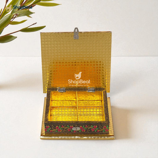 Golden Oxidised Peacock Design Dry Fruit Box 8x8 – Premium Gifting Box