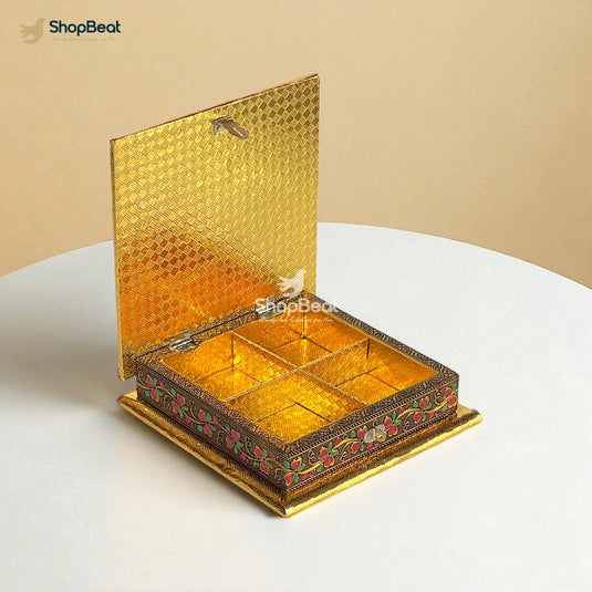 Golden Oxidised Peacock Design Dry Fruit Box 8x8 – Premium Gifting Box