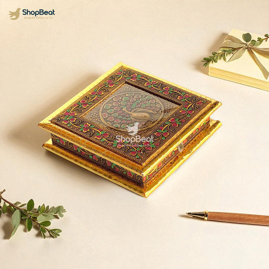 Golden Oxidised Peacock Design Dry Fruit Box 8x8 – Premium Gifting Box