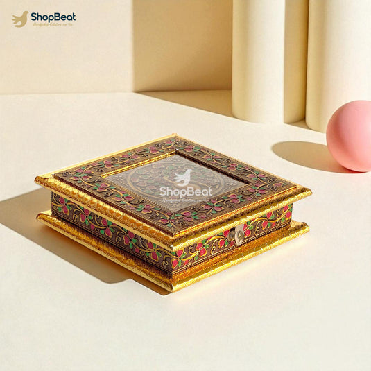 Golden Oxidised Peacock Design Dry Fruit Box 8x8 – Premium Gifting Box